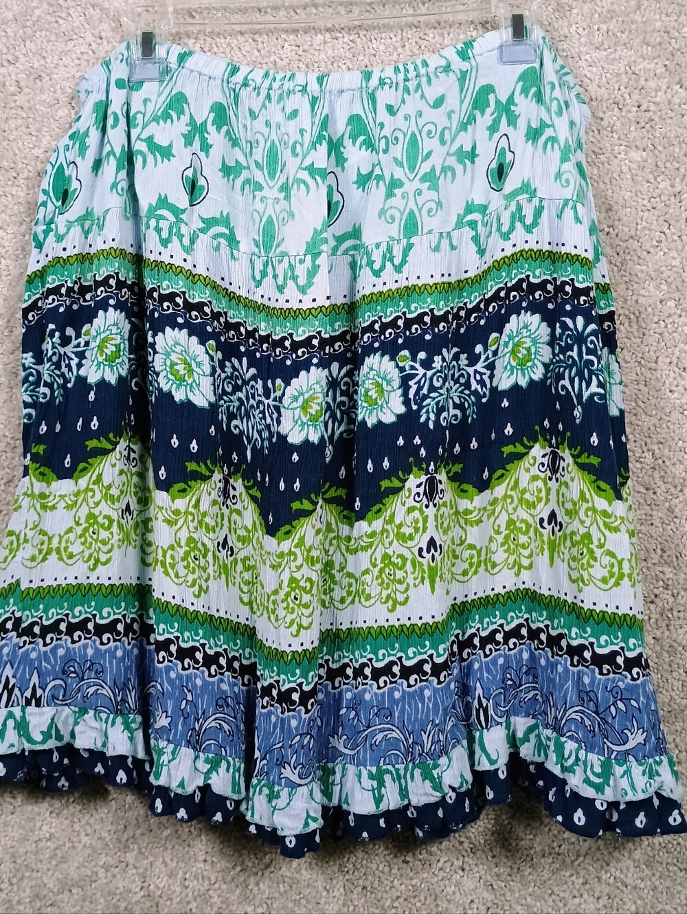 Forbidden Los Angeles Skirt L Boho Tiered Rayon Elastic Waist Blue Green